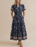 Navy smocked waist floral dress